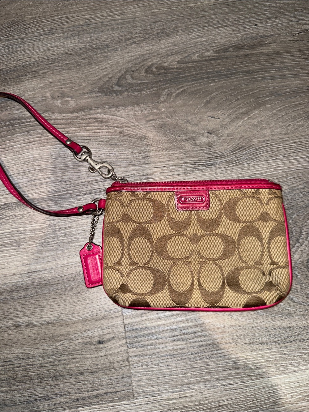 Coach Brown Signature Canvas Wristlet with Pink Trim